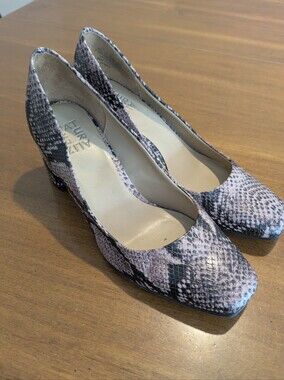 Naturalizer Snake-Print Block Heel Pumps in Gray and Black